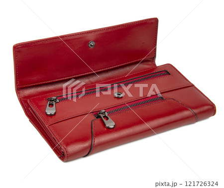 Red womens leather wallet long form isolated on the white 121726324
