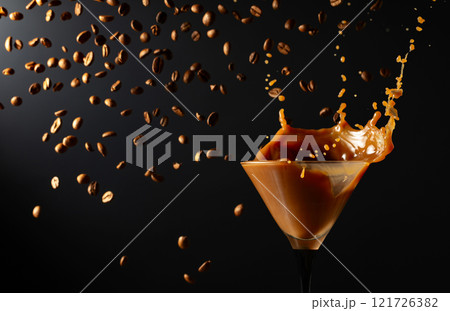 Coffee and cream cocktail with splashes on a black background. Coffee and cream cocktail with splashes on a black background. 121726382