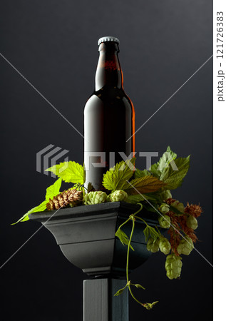 Bottle of beer with hops and ears on a black background. Bottle of beer with hops and ears on a black background. 121726383