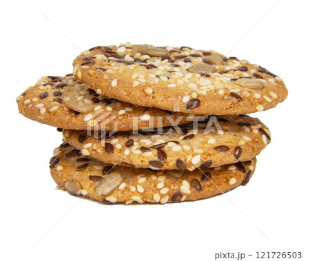 Whole grain snack cereal cookies with seeds isolated on the white background 121726503