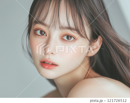 美肌の若くて可愛いアジア人女性モデルの美容ポートレート。ナチュラルメイクの素敵な女性。 121726512