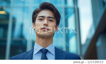 スーツを着ている若くてかっこいいアジア人のビジネスマン。オフィス街に自信のある表情で立っている。 121726513