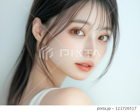 美肌の若くて可愛いアジア人女性モデルの美容ポートレート。ナチュラルメイクの可憐な女性。 美肌の若くて可愛いアジア人女性モデルの美容ポートレート。ナチュラルメイクの可憐な女性。 121726517