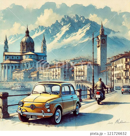 ヨーロッパ風の町並みと黄色のクラシックカーの水彩画 121726632