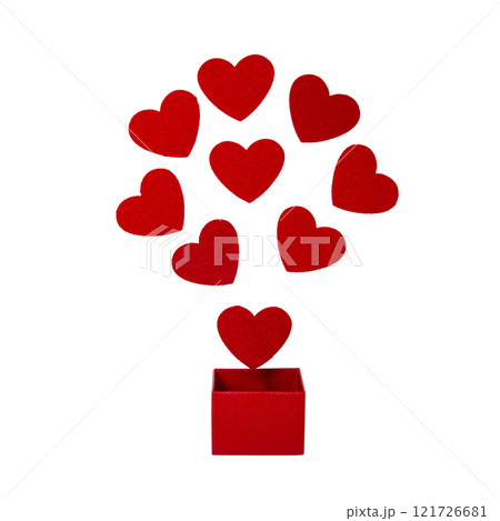 Red gift box open with felt hearts love concept isolated on the white background Red gift box open with felt hearts love concept isolated on the white background 121726681
