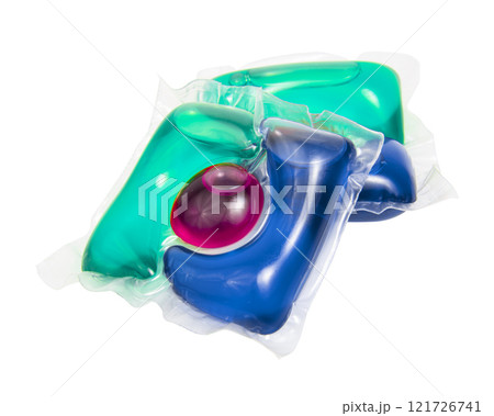 Liquid powder in gel capsule for washing multicolor isolated on the white background Liquid powder in gel capsule for washing multicolor isolated on the white background 121726741