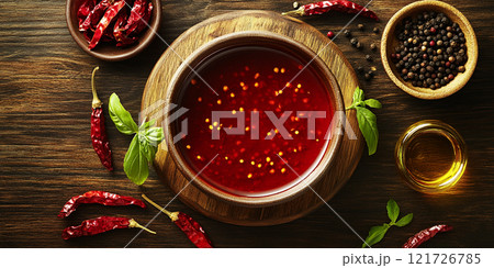 Tomato ketchup sauce with  tomatoes and red hot chili peppers, herbs in a bowl on dark background.  121726785