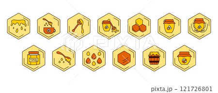 Vector Set icons with honey and products. Options for using honey. Bee, viscous honey jar, liquid, drops, wooden sticks, jars honeycombs, barrel honey. Vector Set icons with honey and products. Options for using honey. Bee, viscous honey jar, liquid, drops, wooden sticks, jars honeycombs, barrel honey. 121726801