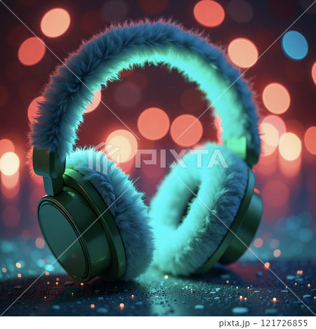 Bright green furry headphones with a glowing design on a colorful bokeh background 121726855