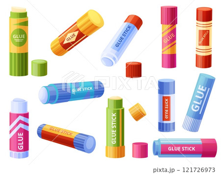 Glue sticks in plastic tubes. Cartoon school office stationery. Glue for paper carton, children craft workshop tools. Sticky accessories nowaday vector set 121726973