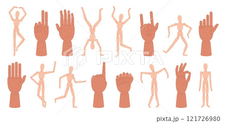 Wooden hand mannequin and man figure. Art supplies, articulated figures in different poses for modeling, drawing, creations. Artistic tools racy vector set Wooden hand mannequin and man figure. Art supplies, articulated figures in different poses for modeling, drawing, creations. Artistic tools racy vector set 121726980