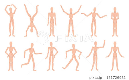 Wood man model. Wooden manikin in different active poses. Figure for art painters, artists, home decor. Puppet doll, marionette model racy vector set 121726981
