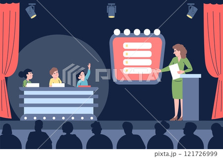 Kids quiz show. Children playing intellectual game, stand on stage with presenter. Girl answer on question, media entertainment competition, recent vector scene 121726999