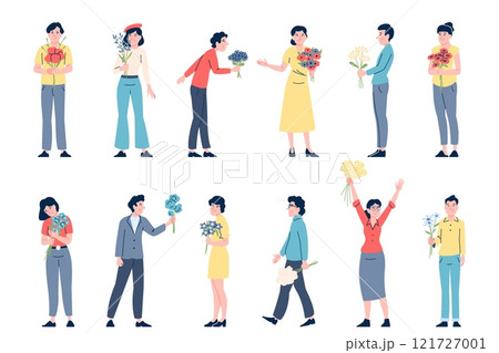 Adults with flowers bouquets. Men women holding floral gifts, present for mother or wife, girlfriend. International womens day, florists recent vector characters Adults with flowers bouquets. Men women holding floral gifts, present for mother or wife, girlfriend. International womens day, florists recent vector characters 121727001