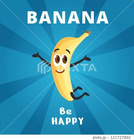 Positive banana poster. Jumping funny banana character. Tropical organic healthy fruit for high carb diet nutrition. Day snack nowaday vector element Positive banana poster. Jumping funny banana character. Tropical organic healthy fruit for high carb diet nutrition. Day snack nowaday vector element 121727002