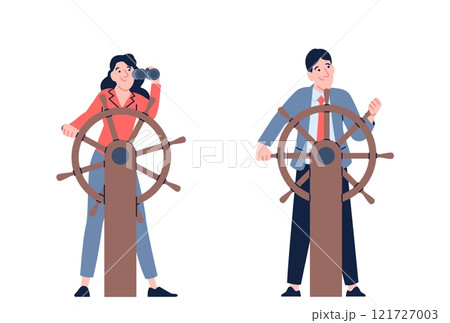 Male female leader characters. Woman man stand at helm and control situations. Leadership in business, personal project for job achievement, recent vector set Male female leader characters. Woman man stand at helm and control situations. Leadership in business, personal project for job achievement, recent vector set 121727003