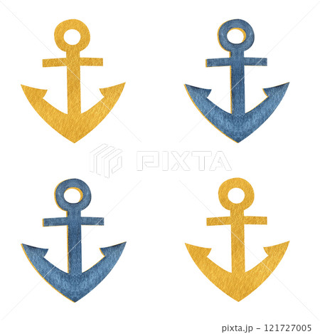 Anchor blue gold watercolor seamless pattern isolated on white. Hand painted art perfect for cards, wrapping paper, packaging, tickets, stationary tourism, travel, voyage design. Monochromatic clip 121727005