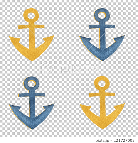 Anchor blue gold watercolor seamless pattern isolated on white. Hand painted art perfect for cards, wrapping paper, packaging, tickets, stationary tourism, travel, voyage design. Monochromatic clip Anchor blue gold watercolor seamless pattern isolated on white. Hand painted art perfect for cards, wrapping paper, packaging, tickets, stationary tourism, travel, voyage design. Monochromatic clip 121727005