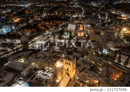 Aerial night View of Tallinn in winter with Alexander Nevsky Cathedral, roofs with snow, Christmas mood 121727098