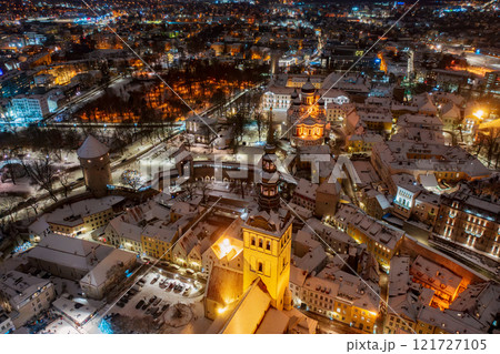Aerial night View of Tallinn in winter with Alexander Nevsky Cathedral, roofs with snow, Christmas mood 121727105