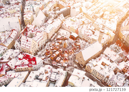 Aerial View of Tallinn with the Town Hall Square in winter, roofs with snow, Christmas mood 121727139
