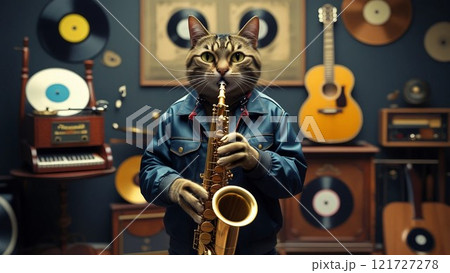 サックスを演奏する猫+cat playing saxophone+ 121727278