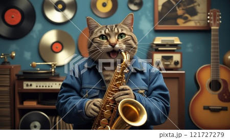 サックスを演奏する猫+cat playing saxophone+ 121727279