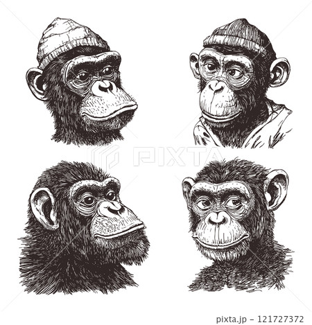 Funny Monkey Portraits Set Ink Pen Style Illustration White Background Cartoon Animal Faces Comical Expressions Vintage Art Sketch Drawing Cute Monkey Character Collection Apes 121727372