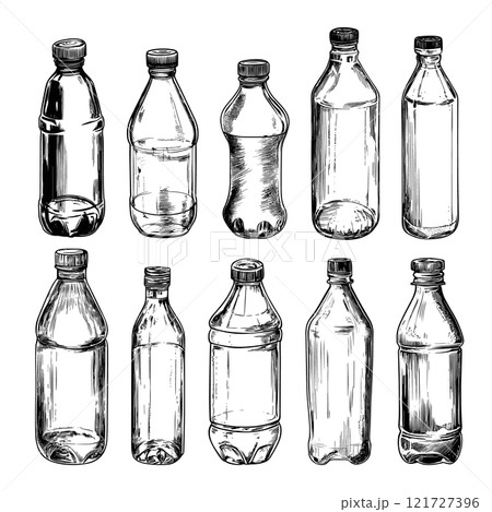 Different Plastic Bottles Set Ink Pen Style Illustration White Background Recyclable Containers Eco Friendly Packaging Beverage Bottles Household Items Water Product Design Line 121727396