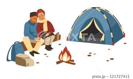 Family camping. Touristic tent and couple sitting near campfire, backpack. Adventure and hiking. Happy couple on vacation or weekend, expedition on nature. Vector cartoon flat illustration Family camping. Touristic tent and couple sitting near campfire, backpack. Adventure and hiking. Happy couple on vacation or weekend, expedition on nature. Vector cartoon flat illustration 121727411