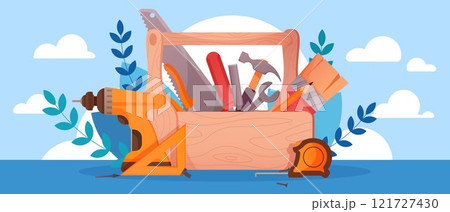 Tool box. Maintenance toolkit. Building repair toolbox. Mechanic create kit or hardware instruments. Screwdriver and saw. Construction workshop. Hammer with nails. Vector illustration 121727430
