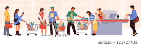 People in supermarket. Store queue. Grocery shop. Buyers standing with trolleys. Customers buy products. Cashier waiting line. Checkout and pay with counter. Shopping vector concept 121727432