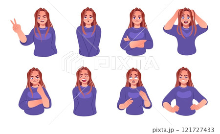 Happy woman. Girl expression face, sad or angry, surprised and thinking characters emotions. Different young positive lady gestures. Different hands. Cartoon flat isolated vector illustration Happy woman. Girl expression face, sad or angry, surprised and thinking characters emotions. Different young positive lady gestures. Different hands. Cartoon flat isolated vector illustration 121727433