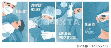 Thank you doctors. Gratitude for nurses or physicians works. Health care and medicine. Covid vaccine. Patient treatment. Heart surgery. Hospital specialists. Vector medical posters set Thank you doctors. Gratitude for nurses or physicians works. Health care and medicine. Covid vaccine. Patient treatment. Heart surgery. Hospital specialists. Vector medical posters set 121727455