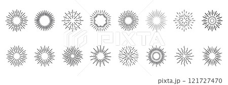 Line firework. Star light, geometric burst frame. Circle round sunburst, elegant graphic sunshine or starburst. Abstract radial outline logo. Emblem or badge template. Vector graphic design 121727470