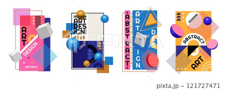 Modern design elements. Abstract poster. Geometric layout template or 3D shape cover. Cubes and spheres. Dotted texture. Memphis frame. Color squares. Vector minimalistic backgrounds set 121727471