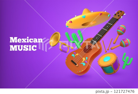 Mexican holiday. 3D Mexico carnival elements like guitar, ukulele and maracas. Realistic sombrero and party instruments. Hispanic entertainment. Musical orchestra. Vector banner design 121727476