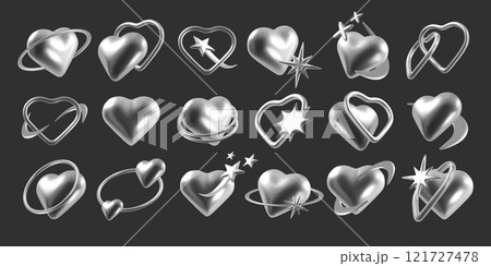 3D heart. Metal Y2K chrome icons. Silver love symbols with stars. Galaxy orbit. Hologram flame and planet shapes. Holographic stickers. Liquid trendy emoji. Vector Valentine signs set 121727478