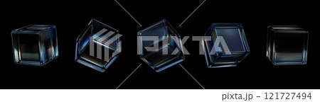 3D glass cube. Abstract square object. Transparent light shape on black background. Futuristic crystal. Geometric figures. Iridescent blocks. Plexiglass forms. Vector render icons set 121727494