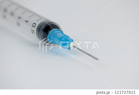 extreme close-up view of a syringe against a bright background. High quality photo 121727815