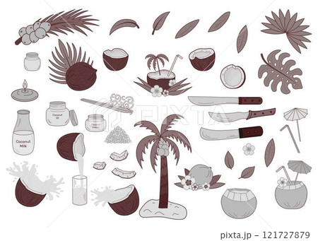 Set coconuts vector illustrations theme coconut production. Half coconut, slice, palm leaves, machete, coconut oil, milk, cream, coconut flakes. Available in greyscale, sepia and black and white. 121727879