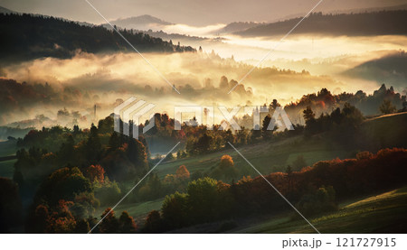 Morning mountain landscape, autumn seasonal background, amazing sunrise Morning mountain landscape, autumn seasonal background, amazing sunrise 121727915