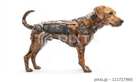 A children's toy robot dog on a white background. Portrait of a futuristic pet 121727960