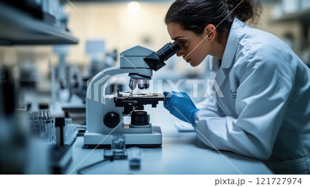 A researcher looks through a microscope during her research in the laboratory. Medical research 121727974