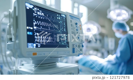 A medical monitor in the hospital operating room showing vital signs such as heart rate, blood pressure 121727978