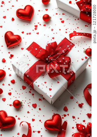 Top view of White gift box with red ribbon on white background surrounded by heart shaped ornaments. Perfect for Valentine's Day or romantic holidays Top view of White gift box with red ribbon on white background surrounded by heart shaped ornaments. Perfect for Valentine's Day or romantic holidays 121728080