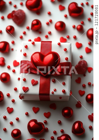 Top view of White gift box with red ribbon on white background surrounded by heart shaped ornaments. Perfect for Valentine's Day or romantic holidays 121728081
