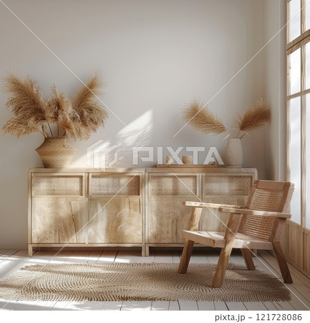 Interior design of warm and cozy living room with wooden chairs and decorative cane . Home decor. Template 121728086