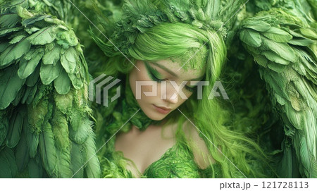 Portrait of a female angel in a green dress. Angel girl from fantasy movie 121728113
