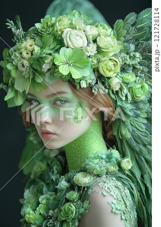 Portrait of a female angel in a green dress. Angel girl from fantasy movie 121728114